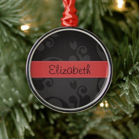 ダマスクパターン、グレーのダマスク、あなたの名前 メタルオーナメント (ツリー)