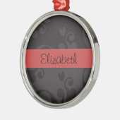 ダマスクパターン、グレーのダマスク、あなたの名前 メタルオーナメント (左)