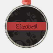 ダマスクパターン、グレーのダマスク、あなたの名前 メタルオーナメント (正面)