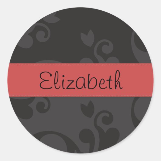 ダマスクパターン、グレーのダマスク、あなたの名前 ラウンドシール (正面)