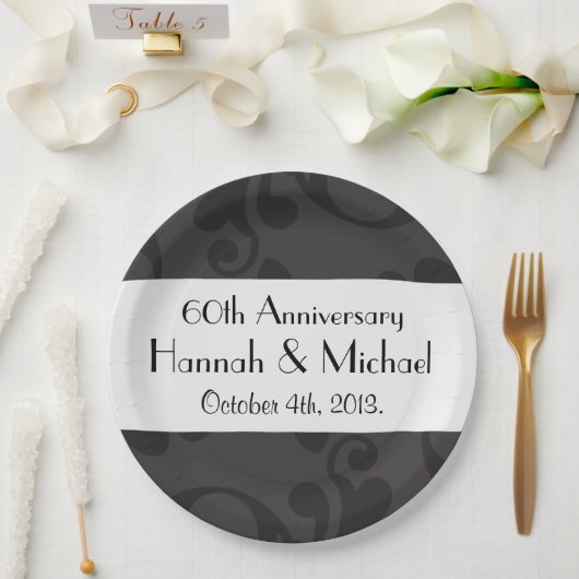 ダマスクパターン、グレーダマスク、記念日 ペーパープレート (ウェディング)