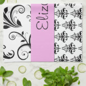 ダマスクパターン、白黒ダマスク、お名前 キッチンタオル (折り畳み)