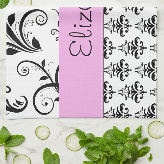 ダマスクパターン、白黒ダマスク、お名前 キッチンタオル (折り畳み)