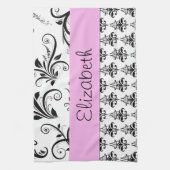 ダマスクパターン、白黒ダマスク、お名前 キッチンタオル (縦)