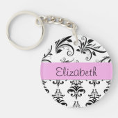 ダマスクパターン、白黒ダマスク、お名前 キーホルダー (正面)