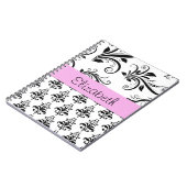 ダマスクパターン、白黒ダマスク、お名前 ノートブック (左側)