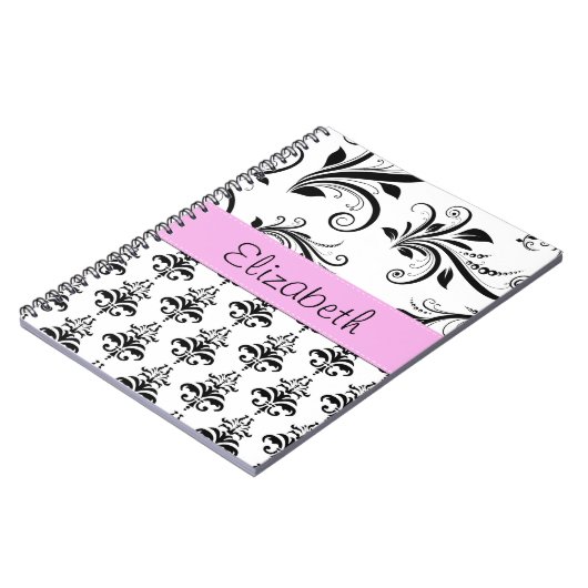 ダマスクパターン、白黒ダマスク、お名前 ノートブック (左側)