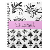 ダマスクパターン、白黒ダマスク、お名前 ノートブック (正面)