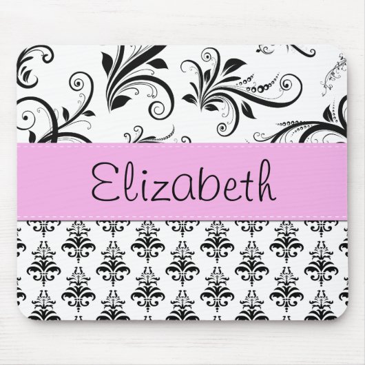 ダマスクパターン、白黒ダマスク、お名前 マウスパッド (正面)