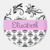 ダマスクパターン、白黒ダマスク、お名前 マグネット (正面)