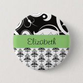 ダマスクパターン、白黒ダマスク、お名前 缶バッジ (正面)
