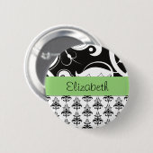 ダマスクパターン、白黒ダマスク、お名前 缶バッジ (正面&裏面)