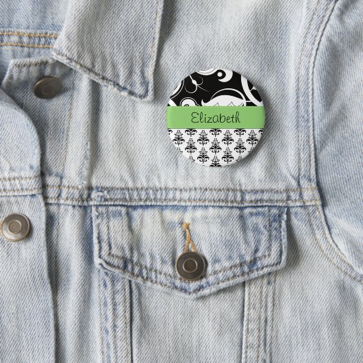 ダマスクパターン、白黒ダマスク、お名前 缶バッジ (インサイチュ)