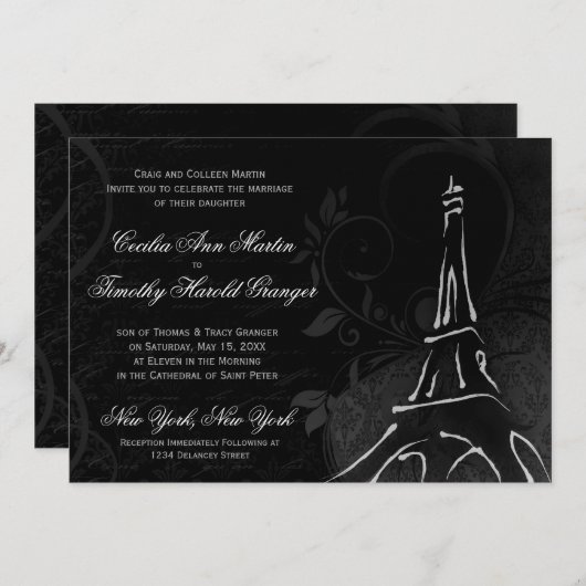 ダマスクパリジェンヌ – ミッドナイトブラック結婚ズ 招待状 (正面/裏面)