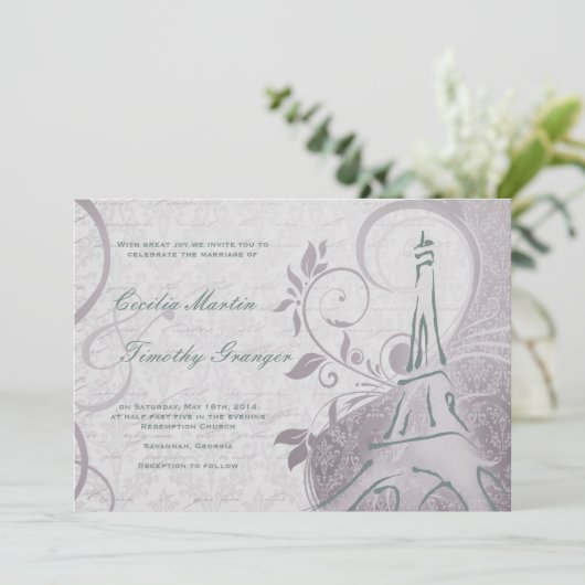 ダマスクパリジェンヌ – 繊細なティール（緑がかった色）とパープル結婚ズ 招待状 (スタンド正面)