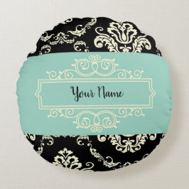 ダマスクパーソナライズされたグリーンと黒の丸い枕 ラウンドクッション
