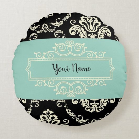 ダマスクパーソナライズされたグリーンと黒の丸い枕 ラウンドクッション (正面)