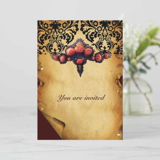 ダマスクパーチメントとピンクコーラルローズ 招待状 (スタンド正面)