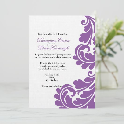ダマスクパープルアンドホワイト結婚式招待状-カスタム 招待状 (スタンド正面)