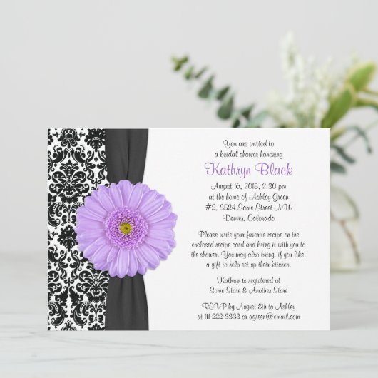 ダマスクパープルガーベラデイジーレシピブライダルシャワー 招待状 (スタンド正面)
