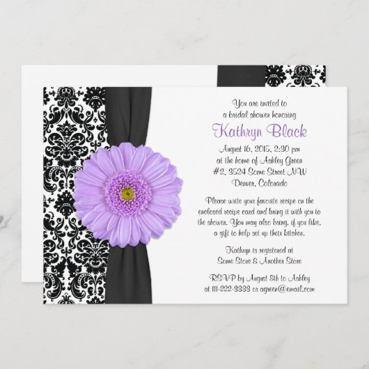 ダマスクパープルガーベラデイジーレシピブライダルシャワー 招待状 (正面/裏面)