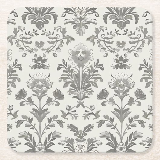 ダマスクビクトリアンフローラホワイトヴィンテージウェディング スクエアペーパーコースター (正面)