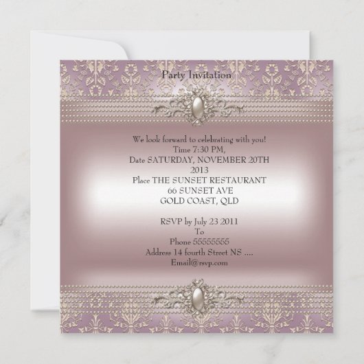 ダマスクピエレガントッククリームパール誕生日パーティー 招待状 (裏面)