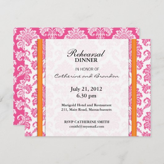 ダマスクピンクとオレンジのリハーサルのディナーカード 招待状 (正面/裏面)