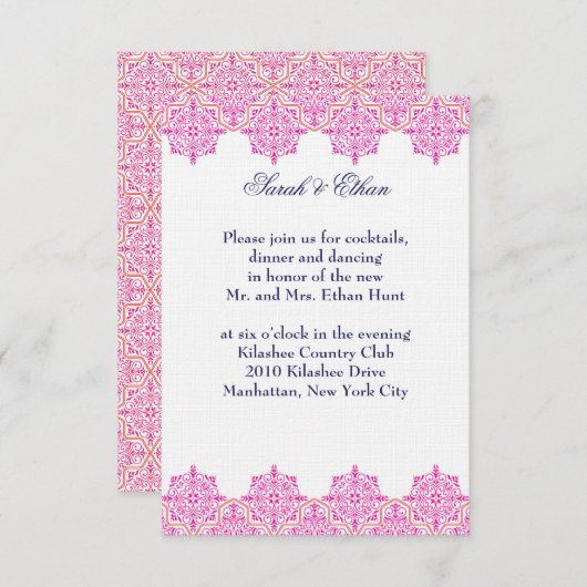 ダマスクピンクとオレンジの結婚式の招待状 招待状 (正面/裏面)