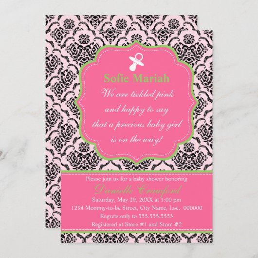 ダマスクピンクと緑の赤ちゃんシャワー 招待状 (正面/裏面)