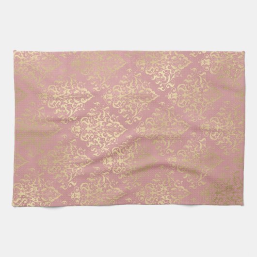 ダマスクピンクと金ゴールドエレガントヴィンテージビクトリアン キッチンタオル (横)