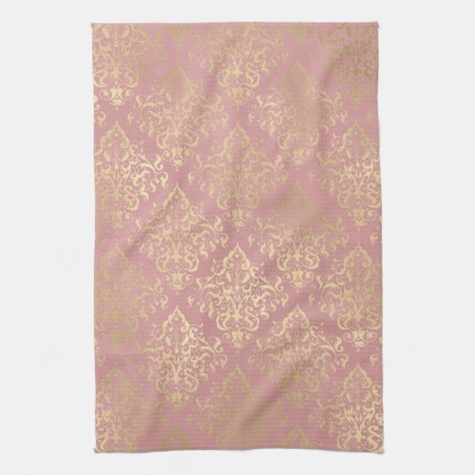 ダマスクピンクと金ゴールドエレガントヴィンテージビクトリアン キッチンタオル (縦)