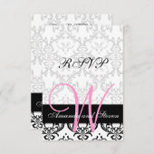 ダマスクピンクの素敵なモノグラム結婚式出欠確認カード 出欠カード (正面/裏面)