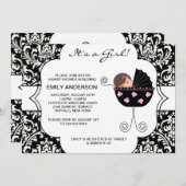 ダマスクピンクエレガントク黒ベビーガールシャワー 招待状 (正面/裏面)