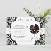 ダマスクピンクエレガントク黒ベビーガールシャワー 招待状 (スタンド正面)