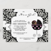 ダマスクピンクエレガントク黒ベビーガールシャワー 招待状 (正面/裏面)