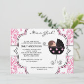 ダマスクピンクエレガントク黒ベビーガールシャワー 招待状 (スタンド正面)