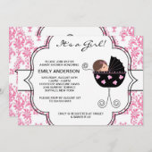 ダマスクピンクエレガントク黒ベビーガールシャワー 招待状 (正面/裏面)