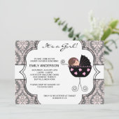 ダマスクピンクエレガントク黒ベビーガールシャワー 招待状 (スタンド正面)