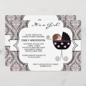 ダマスクピンクエレガントク黒ベビーガールシャワー 招待状 (正面/裏面)