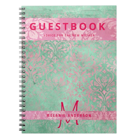 ダマスクピンクミントグリーンベビーシャワーゲストブック ノートブック (正面)