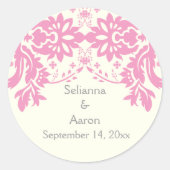 ダマスクピンク、グレー、アイボリー結婚式の日付を保存 ラウンドシール (正面)