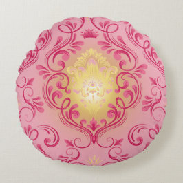 ダマスクピンク、赤、黄色の丸いクッション ラウンドクッション