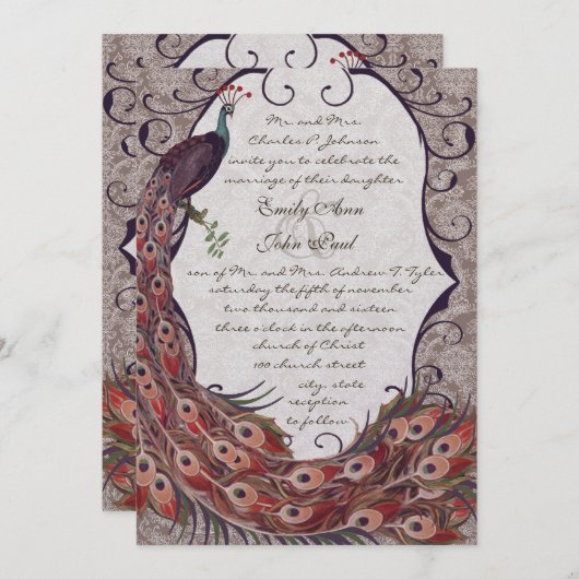 ダマスクピーコックエレガンスナス赤とティール（緑がかった色） 招待状 (正面/裏面)