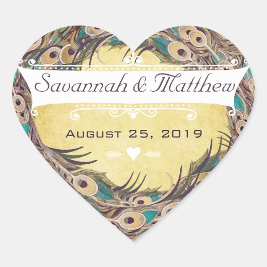 ダマスクピーコックエレガンスナス金ゴールド&アクア ハートシール (正面)