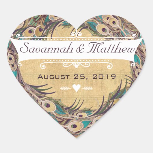 ダマスクピーコックエレガンスナス金ゴールド&アクア ハートシール (正面)