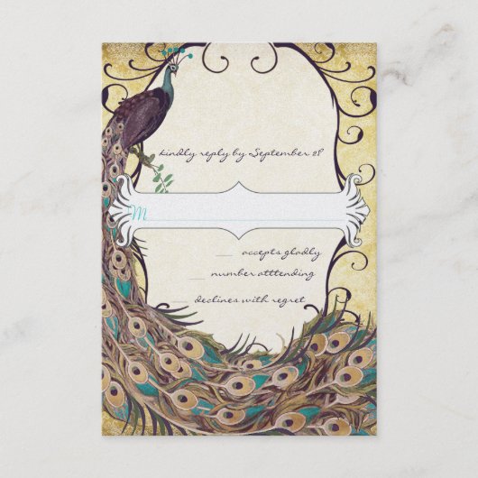 ダマスクピーコックエレガンスナス金ゴールド&アクア 出欠カード (正面)