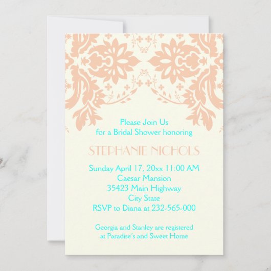 ダマスクピーチ、アクア、アイボリー結婚のブライダルシャワー 招待状 (正面)