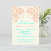 ダマスクピーチ、アクア、アイボリー結婚のブライダルシャワー 招待状 (スタンド正面)