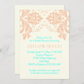 ダマスクピーチ、アクア、アイボリー結婚のブライダルシャワー 招待状 (正面/裏面)